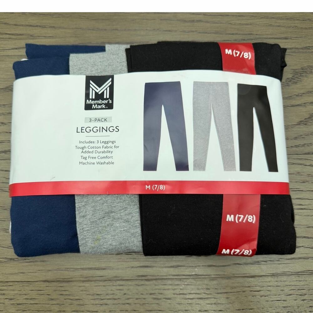 Member’s Mark Girls Leggings 3-Pack Size M 7/8 Navy Gray Black NIP